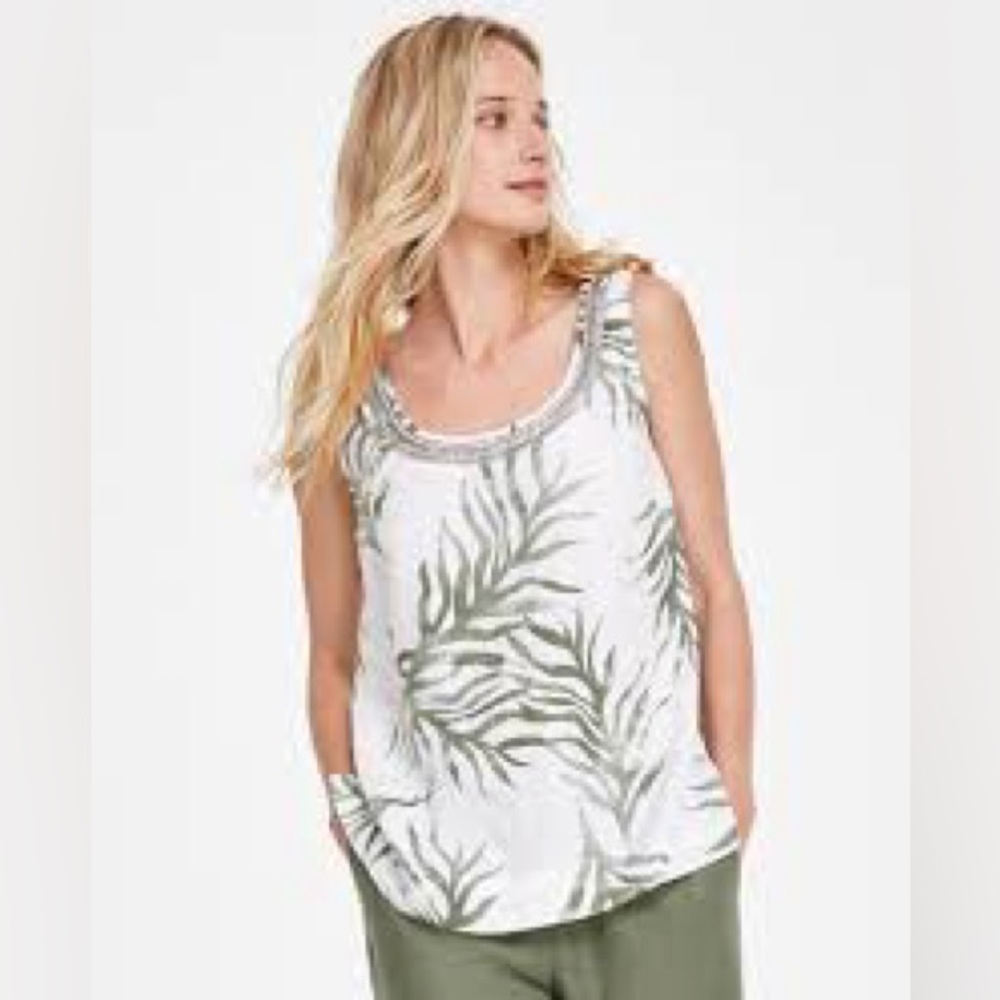 Charter Club White Linen Embellished Tank with Olive Palm Leaf Print Sz. L NWT